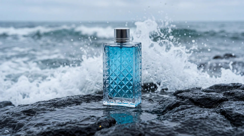 Blue fragrance bottle on coastal rocks with ocean spray — lifestyle location composite