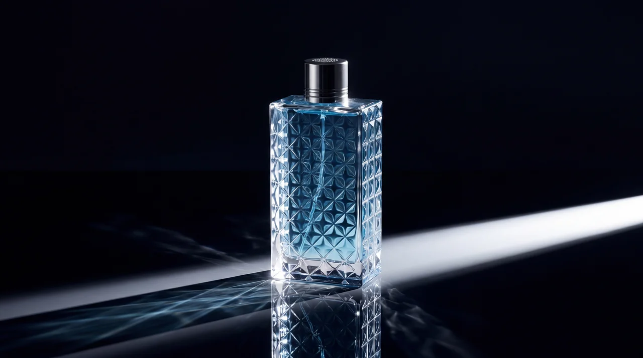 Faceted blue fragrance bottle on a dark reflective surface with directional studio light