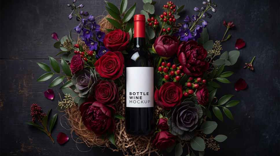 Red wine bottle surrounded by deep crimson roses and foliage — editorial floral composition