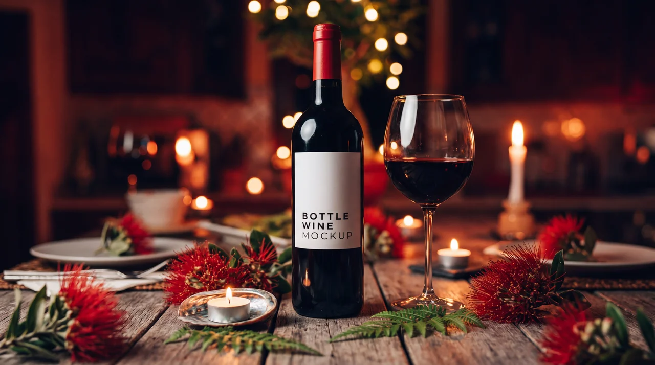 Red wine bottle on a rustic festive table with candles, evergreen, and red blooms