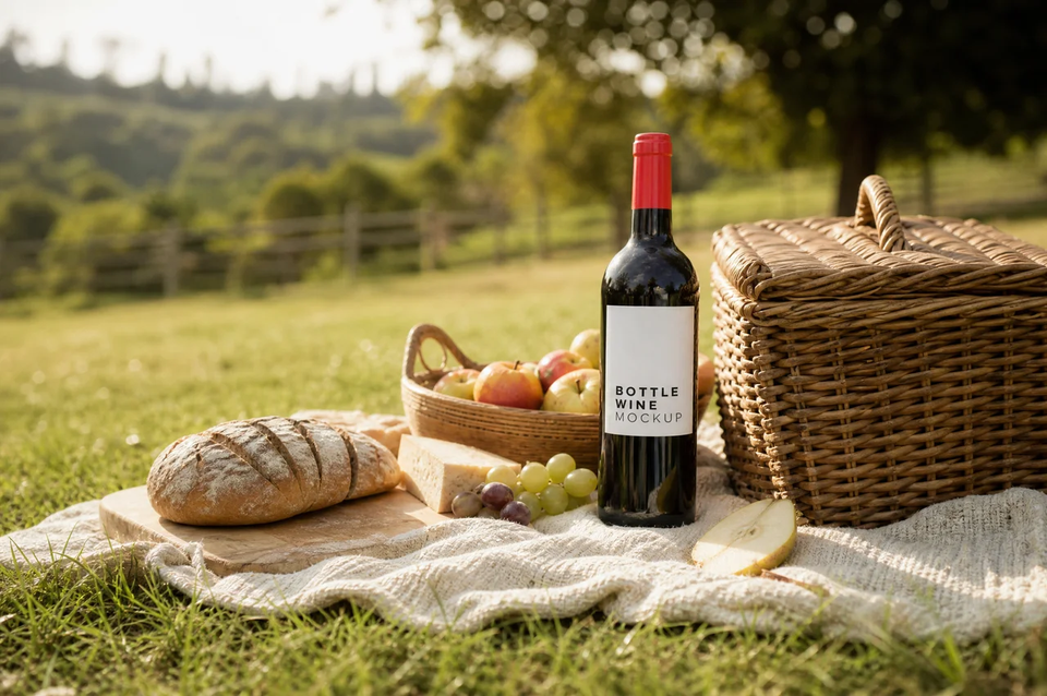 Red wine bottle in an outdoor picnic scene with bread, fruit, and a wicker basket on a sunlit lawn